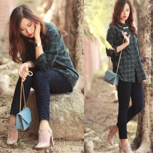 Free People Flocked Cheetah Print Skinny Pant Blue/Black - Picture 1 of 9